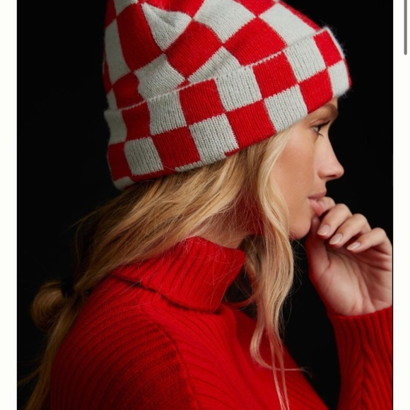 Anthropologie checkered beanie hat red mint new wtags one size main image 7